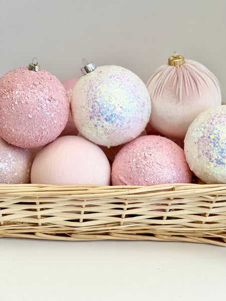 Handmade Pastel Pink Christmas Ornaments: Velvet Glitter Balls, Set of 12