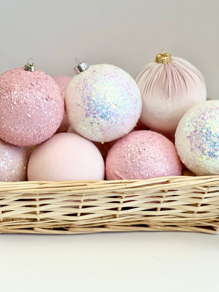 Handmade Pastel Pink Christmas Ornaments: Velvet Glitter Balls, Set of 12
