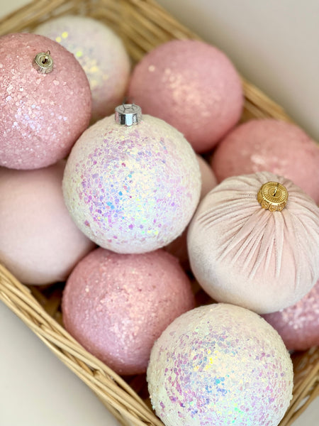 Handmade Pastel Pink Christmas Ornaments: Velvet Glitter Balls, Set of 12