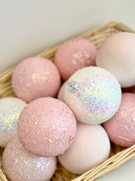 Handmade Pastel Pink Christmas Ornaments: Velvet Glitter Balls, Set of 12