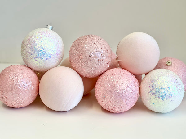 Handmade Pastel Pink Christmas Ornaments: Velvet Glitter Balls, Set of 12