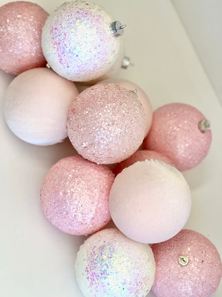 Handmade Pastel Pink Christmas Ornaments: Velvet Glitter Balls, Set of 12
