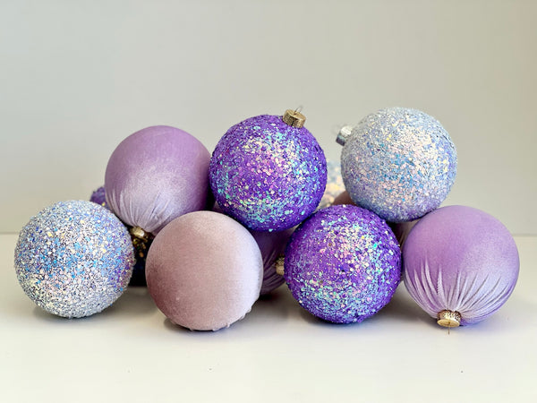 Purple Glitter Christmas Ornaments: Handmade Velvet, Glitter Ball Set of 12