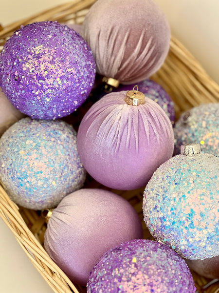 Purple Glitter Christmas Ornaments: Handmade Velvet, Glitter Ball Set of 12