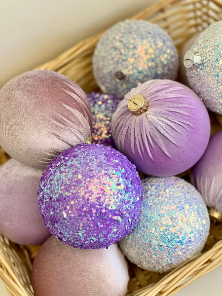 Purple Glitter Christmas Ornaments: Handmade Velvet, Glitter Ball Set of 12