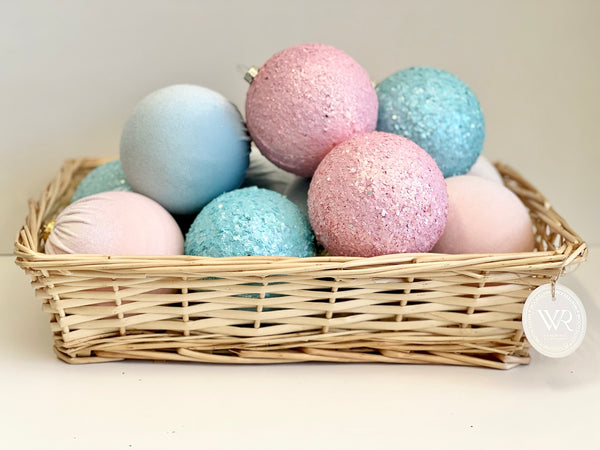 12 Pcs Pastel Christmas Ornaments: Handmade Flocked Velvet, Glitter Balls