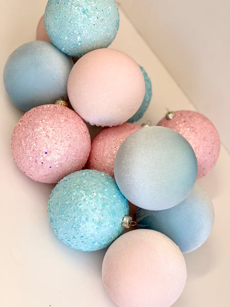 12 Pcs Pastel Christmas Ornaments: Handmade Flocked Velvet, Glitter Balls
