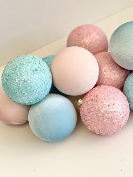 12 Pcs Pastel Christmas Ornaments: Handmade Flocked Velvet, Glitter Balls
