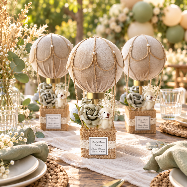 Three decorative hot air balloon table centerpieces with burlap fabric, rope details, faux flowers, and small plush bears, arranged on a styled outdoor dining table with plates, napkins, and glassware.