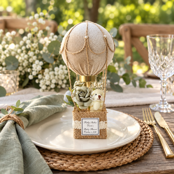 A decorative hot air balloon centerpiece sits on a white plate at an outdoor dining table. The balloon is made of beige fabric with rope details, and the basket is wrapped in burlap with a small white teddy bear and floral accents.