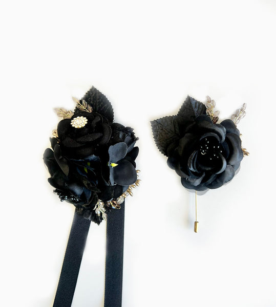 Black Corsage and Boutonniere Set, Wedding, Prom Party Corsage Set