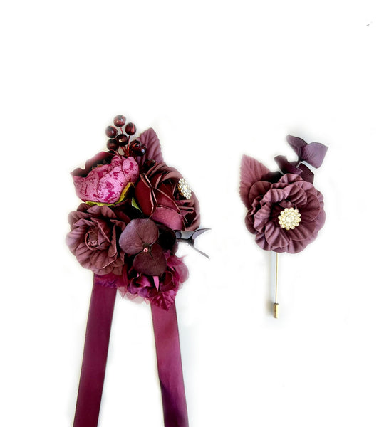 Burgundy Corsage and Boutonniere Set, Wedding, Prom Party Corsage Set
