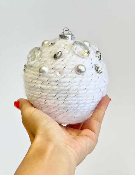White Knit Christmas Ball Ornament with Gems