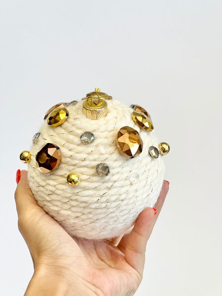 Custom Yarn Christmas Ball Ornament: Beige Knit & Stone