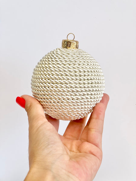 Ivory Yarn Christmas Ornament, Handmade White Wrapped Ball, 3.2 Inch Neutral Holiday Tree Decor, Rustic Christmas Bauble