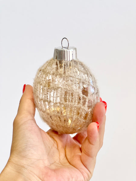 Beige Knit Christmas Ornaments Set of 6, Yarn Wrapped Balls, Gold Glitter Holiday Tree Decor, Neutral Rustic Baubles