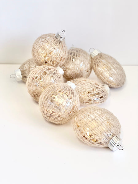 Beige Knit Christmas Ornaments Set of 6, Yarn Wrapped Balls, Gold Glitter Holiday Tree Decor, Neutral Rustic Baubles
