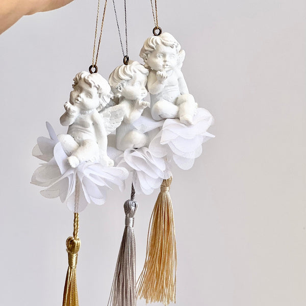 Angel Christmas Ornament Set: Gypsum Cherubs with Tassels (3 pcs)