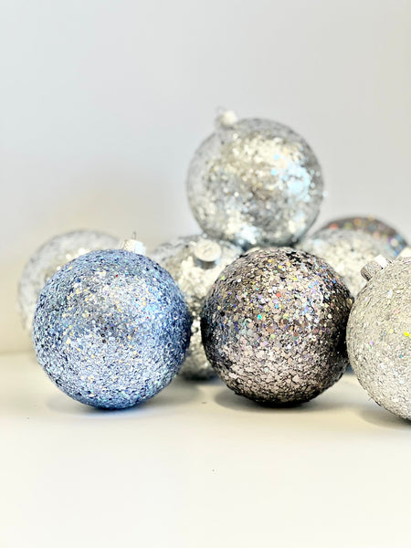 Holographic Silver Glitter Christmas Ornament, Handmade Sparkle Ball, Custom Size Modern Holiday Tree Decor, Iridescent Bauble
