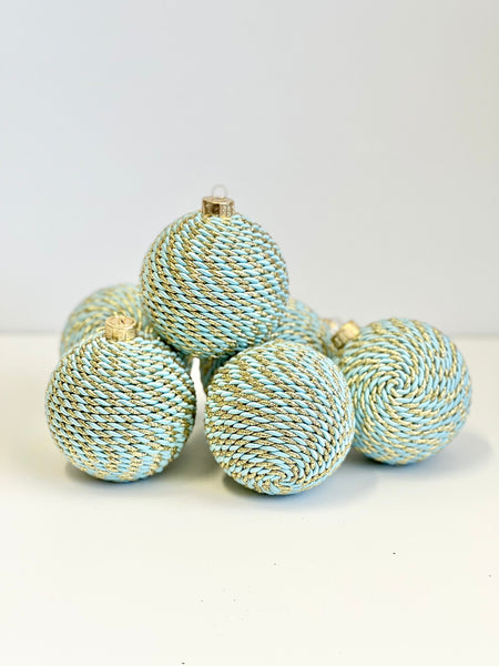 Blue and Gold Yarn Christmas Ornament, Handmade Wrapped Ball, 3.2 Inch Regal Holiday Tree Decor, Classic Christmas Bauble