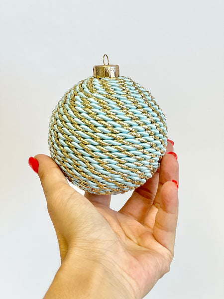 Blue and Gold Yarn Christmas Ornament, Handmade Wrapped Ball, 3.2 Inch Regal Holiday Tree Decor, Classic Christmas Bauble