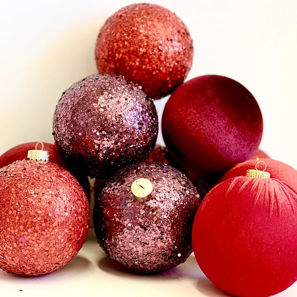 Red Shades Glitter Christmas Ornaments – Handmade Large Christmas Balls, 3", 4", 5", 6" & 8"