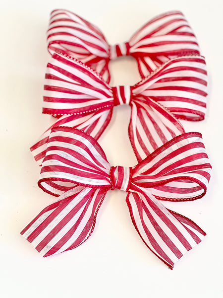 Red and White Striped Christmas Bows, Set of 3, Farmhouse Tree Ornaments and Wreath Decor