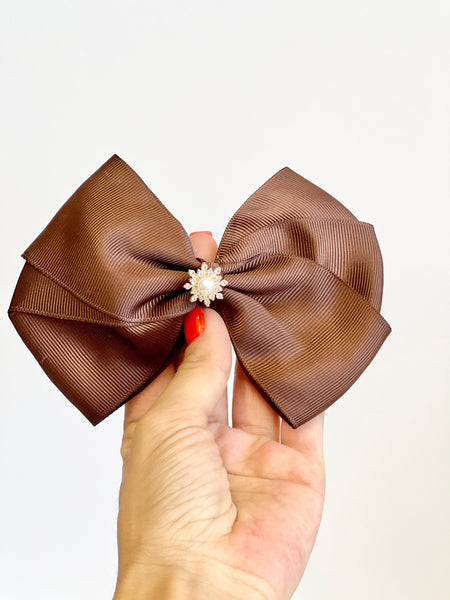 Chocolate Brown Satin Christmas Bows, Set of 4, Tree Ornaments and Holiday Hair Bows