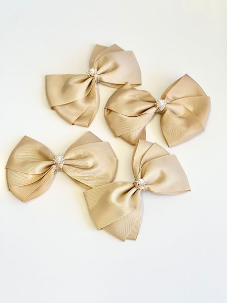 Beige Satin Christmas Bows with Pearl Accent, Set of 4, Tree Ornaments and Holiday Hair Bows