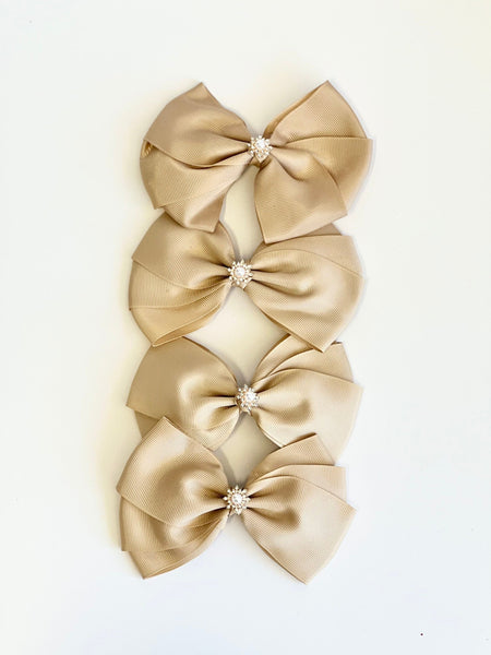 Beige Satin Christmas Bows with Pearl Accent, Set of 4, Tree Ornaments and Holiday Hair Bows