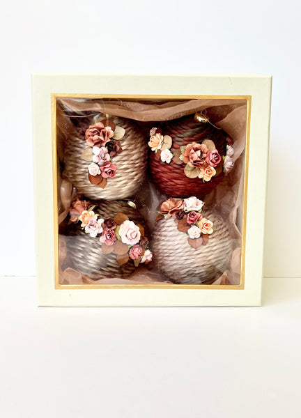 Handmade Rustic Christmas Ball Ornaments: Floral Twine Set of 4