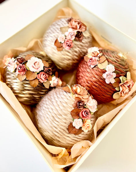 Handmade Rustic Christmas Ball Ornaments: Floral Twine Set of 4