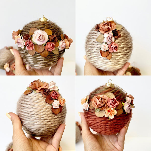 Handmade Rustic Christmas Ball Ornaments: Floral Twine Set of 4
