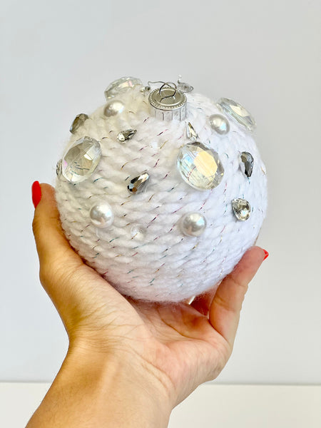 White Knit Christmas Ball Ornament with Gems