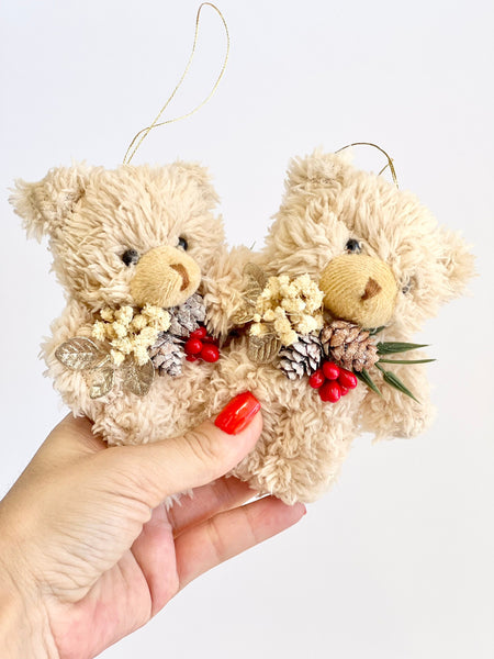Beige Teddy Bear Christmas Ornament: Plush Holiday Decor
