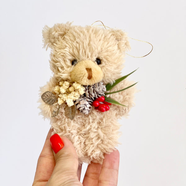Beige Teddy Bear Christmas Ornament: Plush Holiday Decor