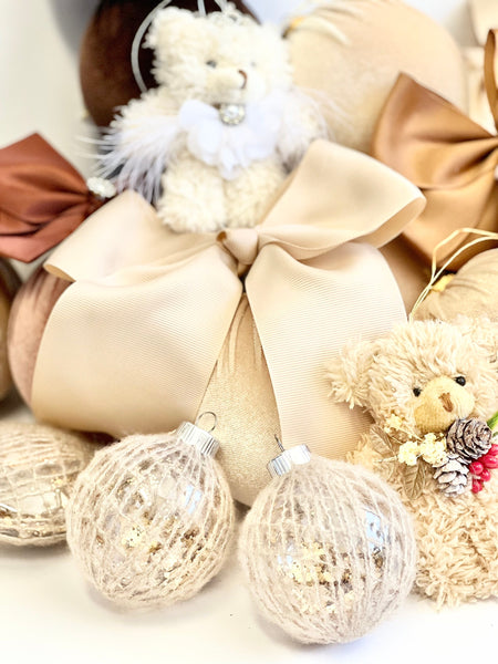 Beige Knit Christmas Ornaments Set of 6, Yarn Wrapped Balls, Gold Glitter Holiday Tree Decor, Neutral Rustic Baubles