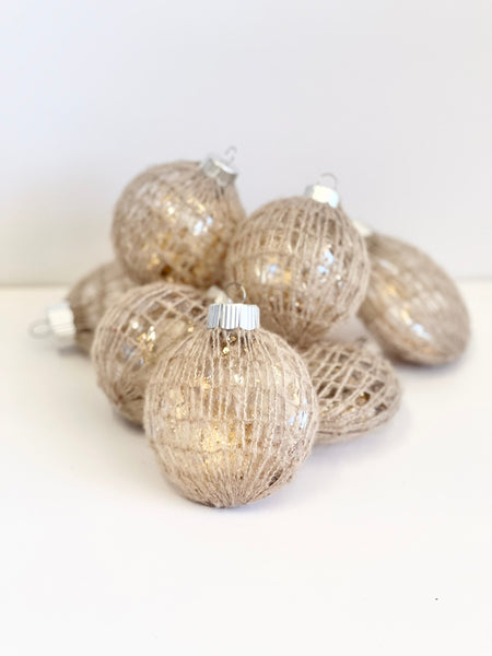Beige Knit Christmas Ornaments Set of 6, Yarn Wrapped Balls, Gold Glitter Holiday Tree Decor, Neutral Rustic Baubles