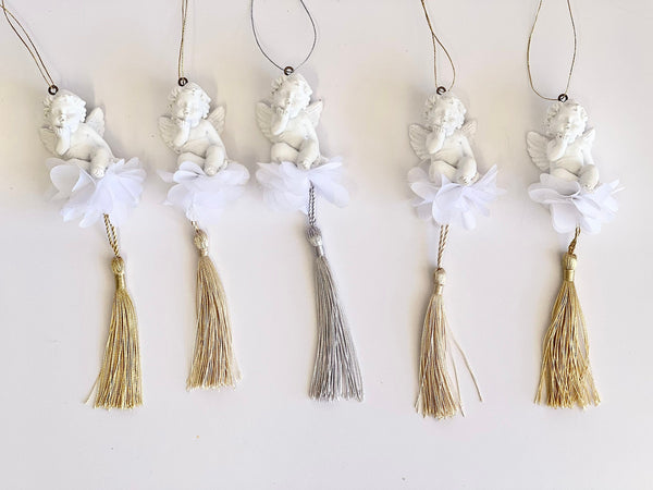 Angel Christmas Ornament Set: Gypsum Cherubs with Tassels (3 pcs)