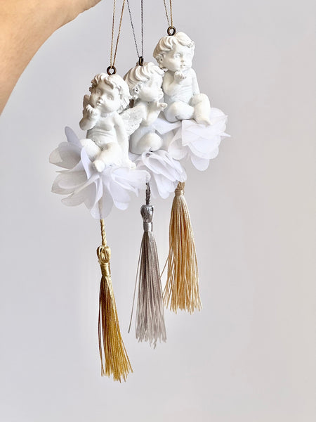 Angel Christmas Ornament Set: Gypsum Cherubs with Tassels (3 pcs)