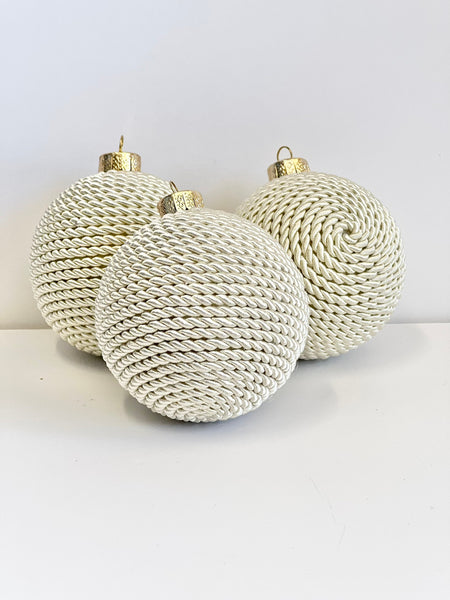 Ivory Yarn Christmas Ornament, Handmade White Wrapped Ball, 3.2 Inch Neutral Holiday Tree Decor, Rustic Christmas Bauble