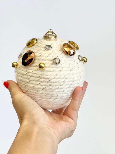 Custom Yarn Christmas Ball Ornament: Beige Knit & Stone