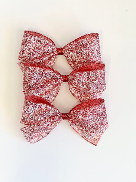 Red Glitter Christmas Bows, Set of 3, Sparkling Tree Ornaments and Holiday Wreath Decor