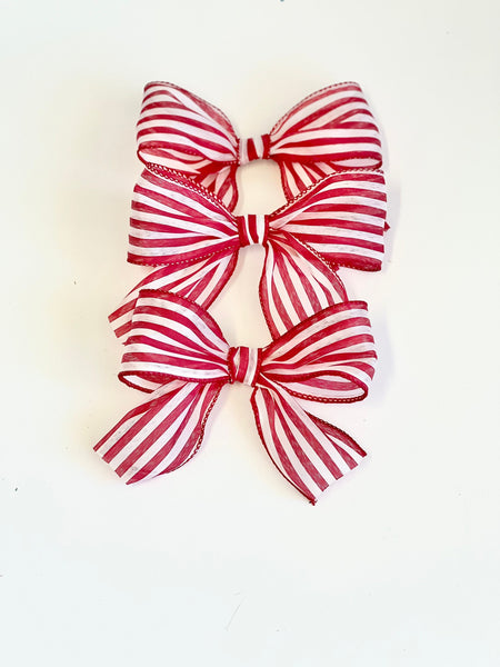 Red and White Striped Christmas Bows, Set of 3, Farmhouse Tree Ornaments and Wreath Decor
