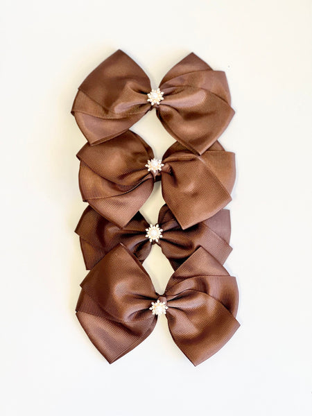 Chocolate Brown Satin Christmas Bows, Set of 4, Tree Ornaments and Holiday Hair Bows