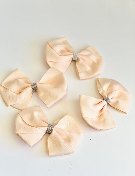 Peach Satin Christmas Bows with Crystal Accent, Set of 4, Tree Ornaments and Holiday Hair Bows