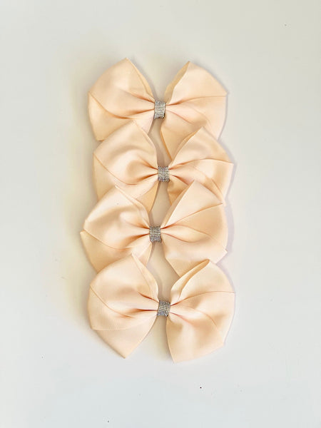 Peach Satin Christmas Bows with Crystal Accent, Set of 4, Tree Ornaments and Holiday Hair Bows