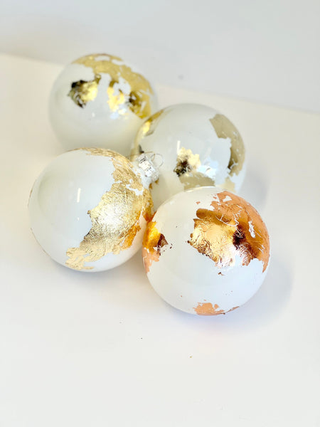 White & Gold Globe Christmas Ornaments: Handprint Glass Bulbs, Set of 4