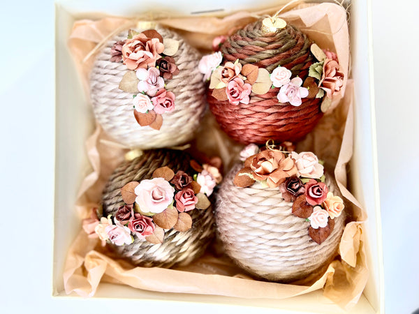 Handmade Rustic Christmas Ball Ornaments: Floral Twine Set of 4