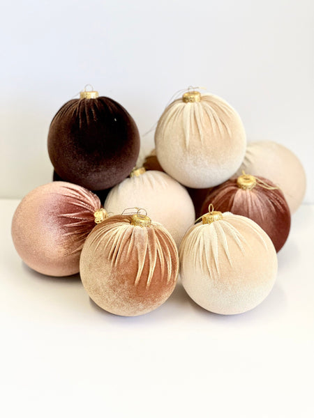 Brown Velvet Christmas Ornaments Set of 12, Neutral 3 or 4 Inch Baubles, Classic Warm Holiday Tree Decor